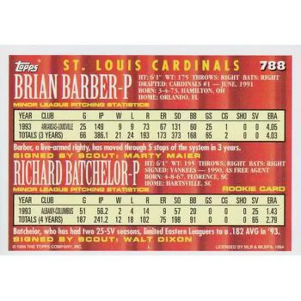 1994 Topps Brian Barber / Richard Batchelor CA, RC # 788 St. Louis Cardinals